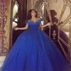 Royal Blue Cinderella Quinceanera Jurken Ruches Sexy Uit de Schouder Tulle Custom Made Baljurk Tulle Sweet 16 Pageant Gown249N