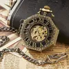 Relógios de Bolso Clássico Hexagonal Mecânico Relógio de Bolso FOB Cadeia Steampunk Mostrador Romano Esqueleto Dourado Oco Aço Relógio de Bolso Masculino 230807
