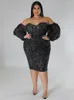 Plus Size Dresses ONTINVA Sequins Dress For Women Off Shoulder Puff Sleeve Sparkly Slim Fit Bodycon Package Hip Party Gowns 4XL 5XL