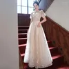 Ethnic Clothing Flower Bride Wedding Cheongsam Pleated Fairy Celebrity Evening Banquet Dress Floor Length Sexy Qipao Puff Sleeve Robe De