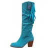 High Heel Wedge Knee 486 For Women Tassels Side Zip Western Ridding Blue Cowboy Boots Autumn Winter Bota Feminina 230807 25034
