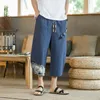Мужские брюки японское хлопковое льняное харреме мужчины летние дышащие укороченные для повседневной эластичной фитнеса 230808