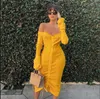 Imcute Front Drawstring Sexy Bandage Women Maxi Dress Slash Neck Long Flare Sleeve Club Party Autunno Inverno Off Shoulder Dress T230808