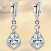 Hoop Earrings Cute Water Drop Stone Earring Pink Crystal Blue Zircon Wedding For Women Silver Color Tassel Jewelry Party Present