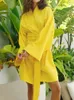 Pijamas femininos Linad Robes amarelos para mulheres soltas manga longa faixas 2023 outono casual roupão de banho moda feminina pijamas sólido
