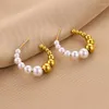 Hoop Earrings 316L Stainless Steel Ball Pearl Stud For Women Fashion Trendy Gold Color Ear Jewelry Party Wedding Gift Drop