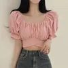Damesblouses 2023 Koreaanse chique zomeroverhemden en vierkante halsrimpels Slanke bolle mouwen Kort overhemd Casual