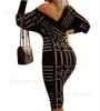 Mode Vrouwen Causale Jurken Sexy Bodycon V-hals jurk met hoge taille dames Bedrukte T-shirts met lange mouwen Blouse Tee Patchwork Gestreept Clubkleding maat S-2XL T230808