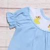Set di abbigliamento 0 3 T Vestiti per bambina di Pasqua Tuta a mezza manica con ricamo di anatre di cartone animato Pagliaccetto blu Tuta in puro cotone 230807