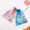 100 st 12x9cm Organza Drawstring Jewelry Candy Presentväskor Pouch med korallint tryck Wedding Party Favor Presentväska Bekväm och miljöpraktik