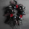 Hangende Faux bloemenkrans met zwarte en rode rozenranken | Verlichte ogen | Kabouters Kerstornament Slinger Kerst L230620