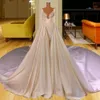 Arabe Aso Ebi Sirène Robes De Mariée Avec Manches Longues Overskirts Élégant Ivoire Satin Dentelle Appliqued Formelle Robes De Mariée Sexy Col En V Profond Robes De Mariage CL2682