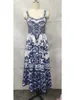 Urban Sexy Dresses Runway Summer Holiday Maxi Dress Women's Spaghetti Strap V Neck Backless Blue and White Porcelain Print Vacation Long Vestido 230807