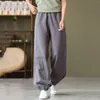 Pantalones informales para mujer, pantalones holgados de lino y algodón con pies agrupados sólidos, pantalones deportivos largos transpirables elásticos con bolsillo para mujer