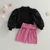 Clothing Sets 2 6Y Kids Girls Autumn Clothes Set Baby Heart Print Puff Long Sleeve Ribbed Tops Mini Skirt with Belt Children Fashion Outfits 230808