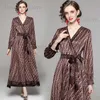 Vakantie Casual Gedrukte Maxi Dress Women Designer Langel Lap Lap Bow Party Elegant Spring Autumn Office Lady Slim A-Line Vintage Frock T230808