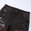 Mäns jeans 2023 Spring Brand Vintage Brown Solid Color Denim Pants Elastic Ripped Trousers Slim Fashion for Men