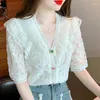 Женские блузки лето свободные кнопки женская одежда элегантная офисная топы сладкие кружевные шифоновые блуз