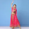 Stage Wear Women Sequins Belly Dance Clothes Set Gold Floral Printing Cropped Tops Long Maxi Skirts India Performance Suit