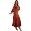 Casual Dresses Women Elegant Maxi 2023 Spring Autumn Square Neck Puff Long Sleeve Solid Turkish Evening Party Robe Vestidos