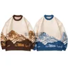 Erkek Sweaters Erkekler Hip Hop Sokak Giyim Harajuku Sweater Vintage Japon Tarzı Kar Dağ Örme Kazak Kış Kırışma Krop Triko J230808