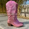Western 459 Cowboy осень зимняя розовая колена High Cowgirl Boots Заостренная вышивка отличного качества женские туфли 230807