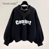 Women's Hoodies TWINFLAMES Letter Print Fleece Sweatshirt Women Velvet Thickened Loose V-neck Coat Tops For Female Winter Clothes