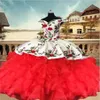 2023 Vintage Embroidered Quinceanera Dresses Ball Gown Off The Shoulder Ruffles Organza Satin Sweet 16 Girls Prom Pageant Dress282R