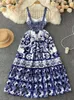 Urban Sexy Dresses Runway Summer Holiday Maxi Dress Women's Spaghetti Strap V Neck Backless Blue and White Porcelain Print Vacation Long Vestido 230807