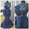 2019 Aso ebi Arabic Navy Blue Cheape вечерние платья кружевные русалки с бисером русалки Сексуальные формальные вечеринки вторая приемная платья DRES304Q