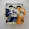 Summer Designer Knit T Shirt Kobiet Bluzka 19 mm 100% jedwabny Twill Patchwork Carriaing Pasek wydrukowany szyja załoga pullover krótkie rękawie skoczki damskie tshirts