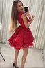 Elegante sexy renda vermelha uma linha de baile em camadas alta baixa arco faixa curto baile vestidos festa vestido robe de mariee