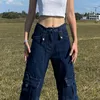 Kvinnors jeans amerikanska vintage blå last mode hög midja ficka rak byxor gata y2k baggy wide ben denim byxor höst
