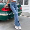 남자 청바지 Benuynffy Button Fly Fly Women 's Raw Hem Flare Autumn Fashion Woman Denim Pants Jean Femme High High Water Walleng Slim 230807