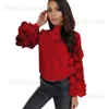 Kvinnor Turtleneck Mesh Flower Long Sheer Sleeve Sweater Top Pullover Blus Shirt T230808