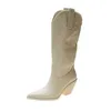 576 Fashion Microfiber Toe Women Emed Emed Leather مدببة Western Western Woman Boots High Boots chunky Ladies 230807 455