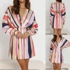 Casual Dresses Womens Short Flare Dress Stripe Printing Belt Waist Knot Front Long Sleeve V Neck Tiered Ruffle Swing Woman Clothing