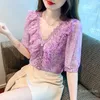 Frauen Blusen 2023 Sommer Maschine Stickerei Grün Chiffon Hemd Kurzarm Rüschen Temperament V-ausschnitt Bluse Top Femme