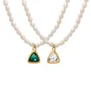 ペンダントネックレスフレンチスーパーフラッシュクリスタルストーングリーンと白い2色淡水真珠ネックレス角