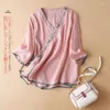 Women's Blouses Cotton Linen Shirt Large Size Summer Fashion Literary Elegant Rustic Chinese Style Leisure Embroidery V-neck