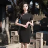 Etnische Kleding Effen Kleur Satijn Chinese Vrouwen Mini Qipao Lente Elegante Kant Trim Mandarijn Kraag Korte Mouw Cheongsam