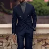 Herrenanzüge Marineblau gestreift Business-Männer formell für Hochzeit Smoking Zweireiher Bräutigam tragen Slim Fit Modekostüm (Jacke Hose)