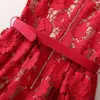 2023 Lato czerwony stały kolor talii Sukienka z paskiem z krótkim rękawem okrągła szyja midi sukienki A3Q102216