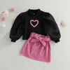 Clothing Sets 2 6Y Kids Girls Autumn Clothes Set Baby Heart Print Puff Long Sleeve Ribbed Tops Mini Skirt with Belt Children Fashion Outfits 230808