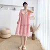 Maternity Dresses Chiffon Pregnancy Dresses Maternity Clothes Bow V Neck Solid Pleated Loose Formal Style Summer Pregnant Clothings Plus Size HKD230808