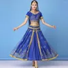 Stage Wear Women Sequins Belly Dance Clothes Set Gold Floral Printing Cropped Tops Long Maxi Skirts India Performance Suit