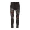 Mäns jeans 2023 Spring Brand Vintage Brown Solid Color Denim Pants Elastic Ripped Trousers Slim Fashion for Men