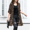 Women's Blouses Fashion Leopard Printed Cardigans Summer Casual See Through Long Kimono Cape Female Lapel Tunic Chemise DF4906