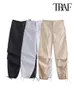 Women s Pants s TRAF Women Fashion Side Pockets Pleats Knee Jogging Vintage High Elastic Waist With Drawstring Female Trousers Mujer 230808