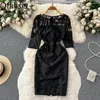 Casual Dresses ofallsis Black O Neck Lace Dress 2023 Summer Light Mature Style High End Mesh broderi Slim Fit Wrap Hip One Step